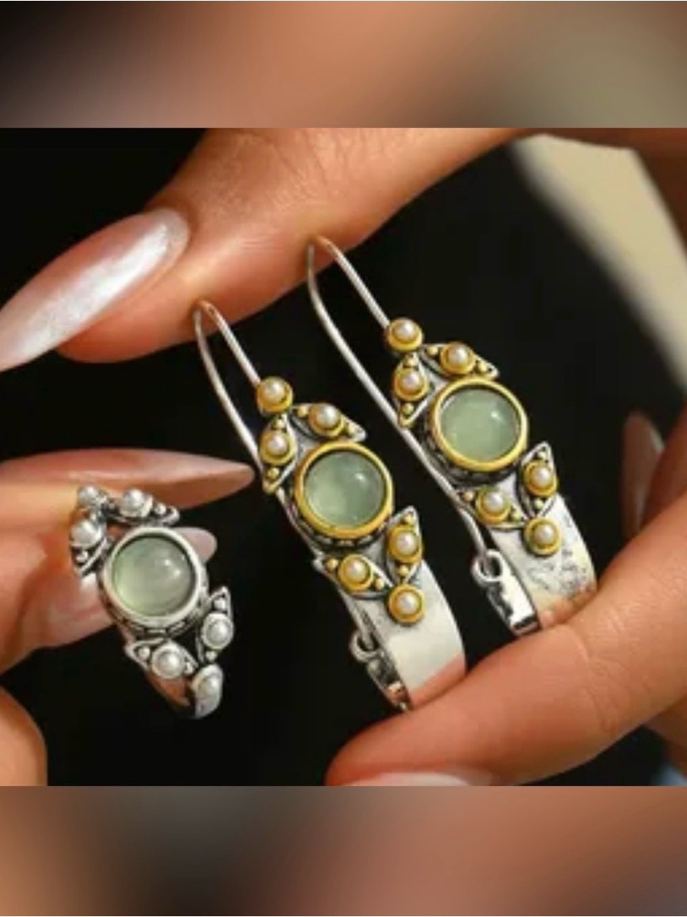 Sterling Silver Green Chalcedony Drop Earrings and Ring SET